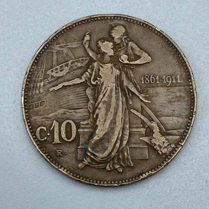 Moneta 10 centesimi Cinquantenario rame Vittorio Emanuele III 1911
