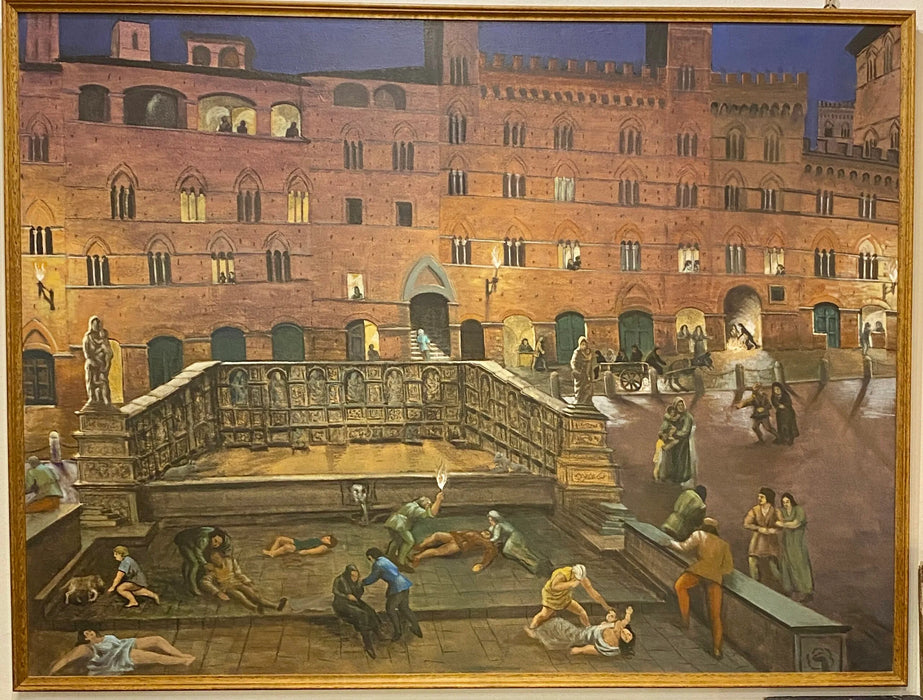 Giovanni Monti – “Peste a Siena in Piazza del Campo” – olio su tela – 1980 ca
