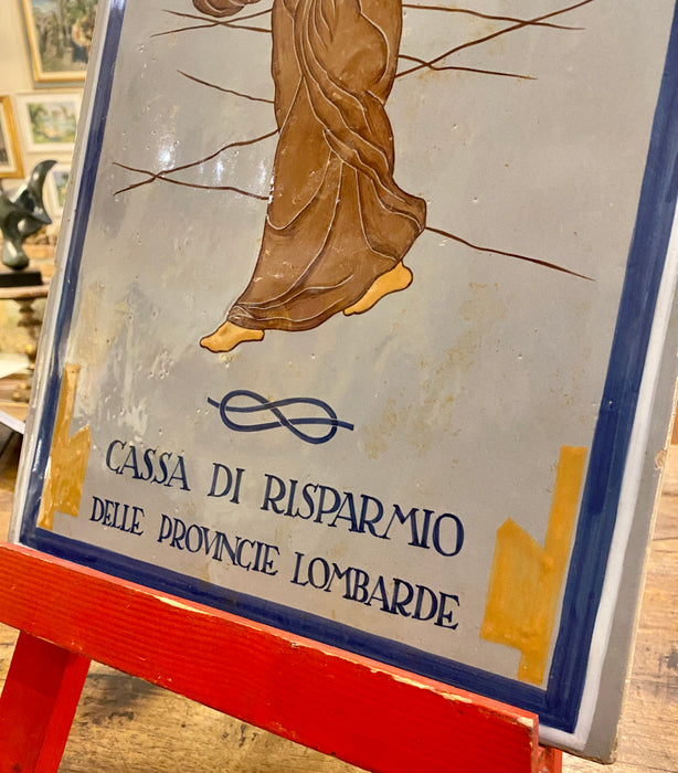 Targa "Cassa di Risparmio delle Provincie Lombarde" Milano pubblicitaria in maiolica Grazia Deruta 1930 ca