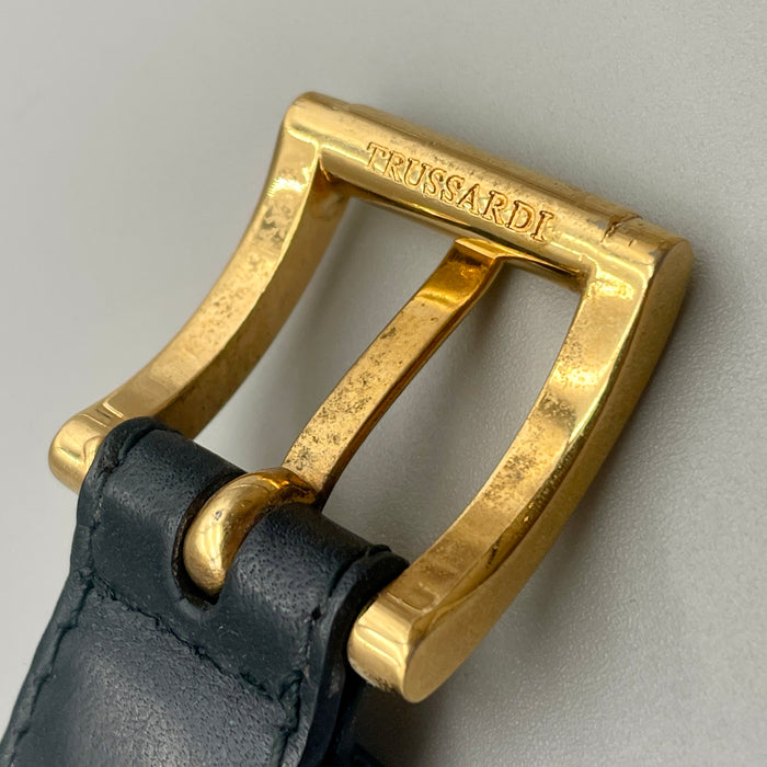 Bracciale Trussardi pelle nera e metalleria oro 1990 ca