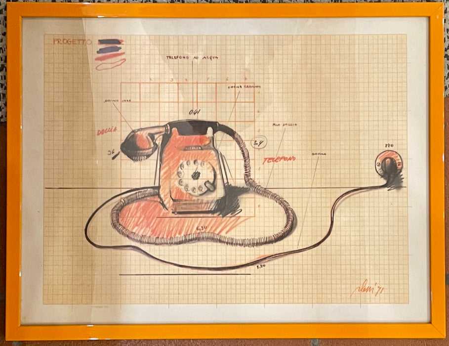 Fabrizio Plessi - "Progetto Telefono ad acqua" - litografia su carta millimetrata - 1971