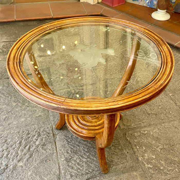 Tavolino basso stile Paolo Buffa in ciliegio vetro decorato modernariato 1940 ca