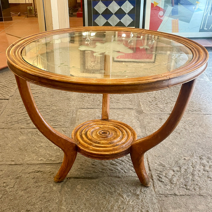 Tavolino basso stile Paolo Buffa in ciliegio vetro decorato modernariato 1940 ca