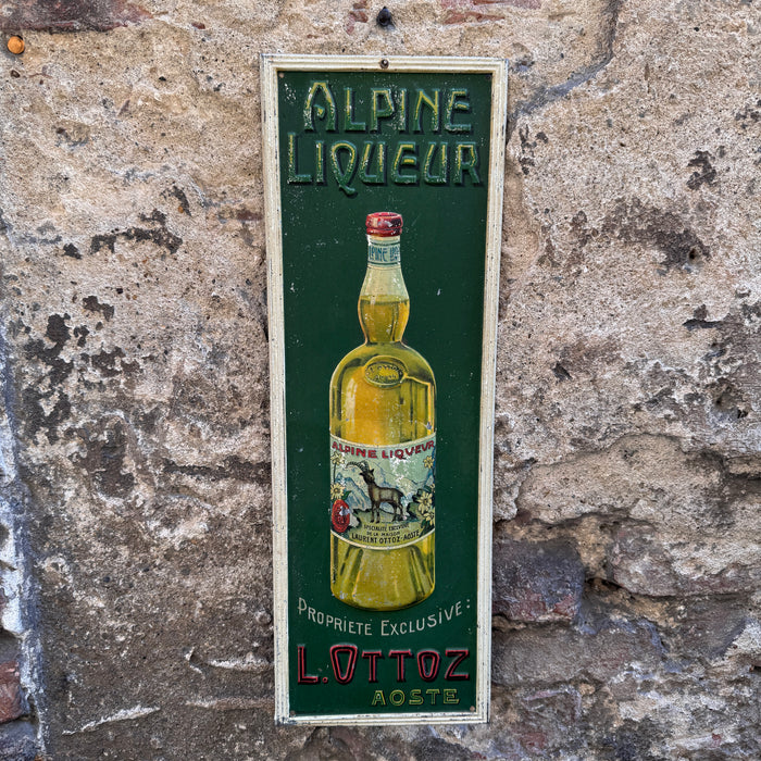 Insegna Alpine Liqueur L. Ottoz Aosta latta litografata Metalgraf Milano 1930 ca