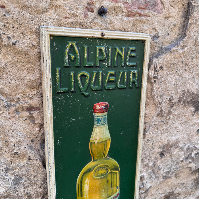 Insegna Alpine Liqueur L. Ottoz Aosta latta litografata Metalgraf Milano 1930 ca