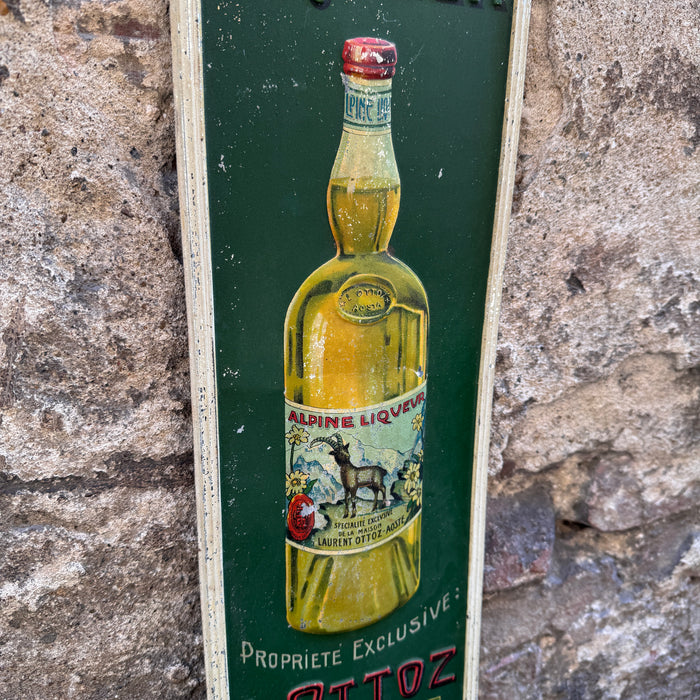 Insegna Alpine Liqueur L. Ottoz Aosta latta litografata Metalgraf Milano 1930 ca