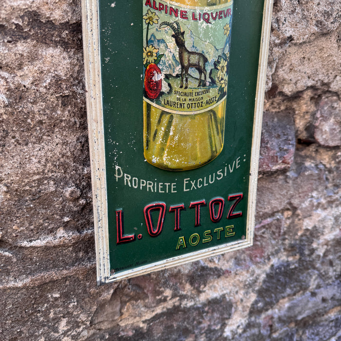 Insegna Alpine Liqueur L. Ottoz Aosta latta litografata Metalgraf Milano 1930 ca