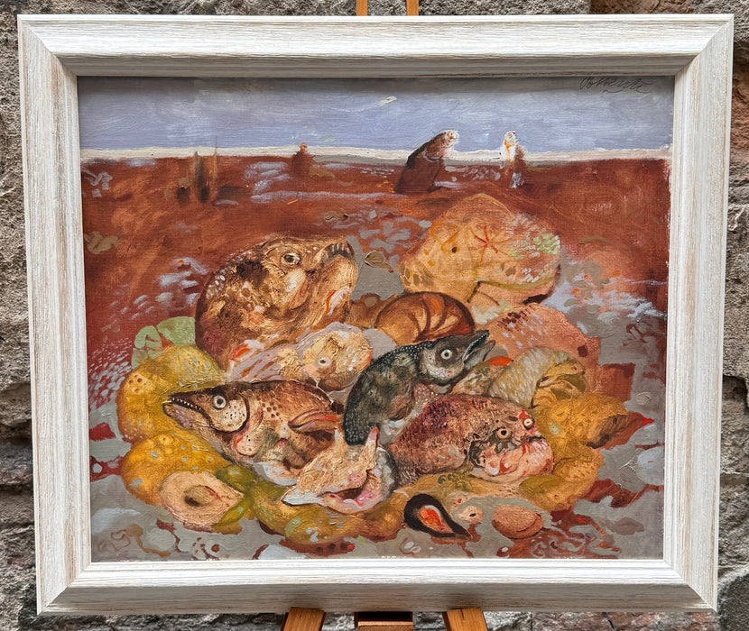 Antonio Possenti - "Pesci sulla spiaggia" - olio su cartone - 1980 ca
