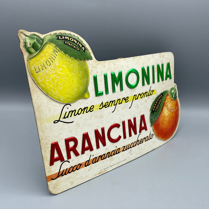 Insegna Limonina Arancina pubblicitaria da banco cartone 1961