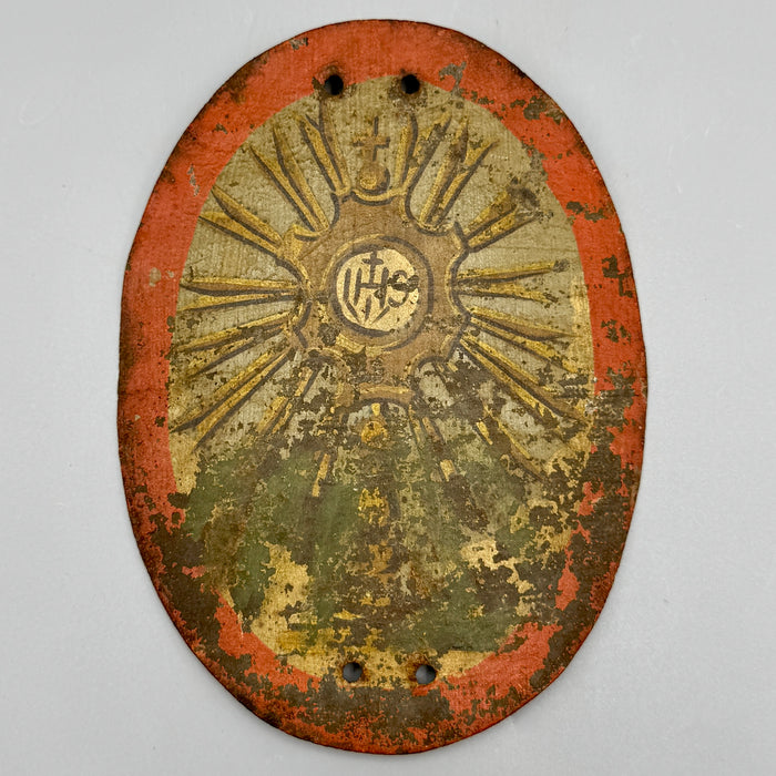 IHS placca religiosa in latta dipinta XVIII/XIX sec.