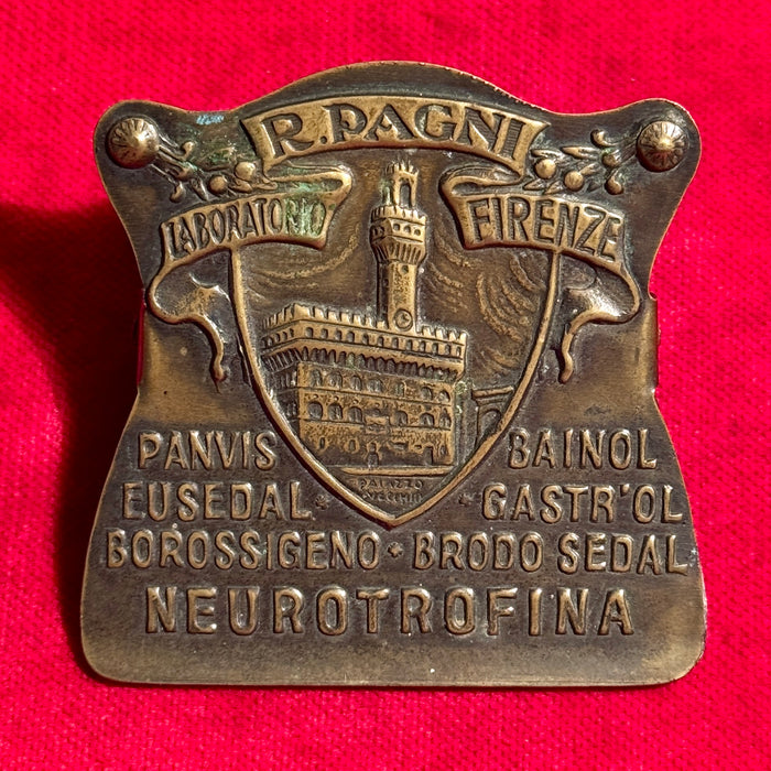 Pinza R. Pagni Firenze pubblicitaria farmaceutica ottone 1920 ca