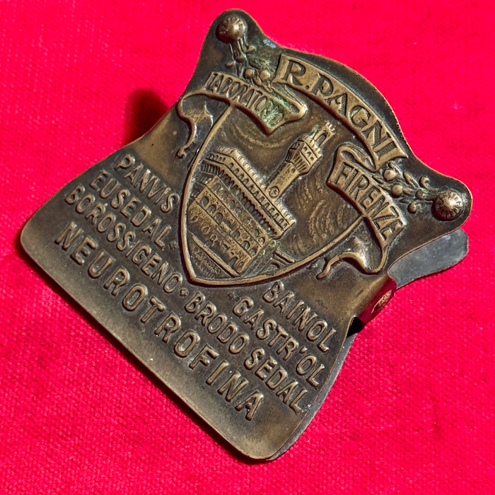 Pinza R. Pagni Firenze pubblicitaria farmaceutica ottone 1920 ca