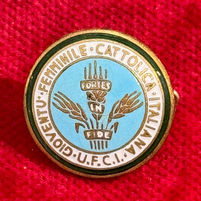 Distintivo Gioventù Femminile Cattolica Italiana UFCI smaltato 1950 ca