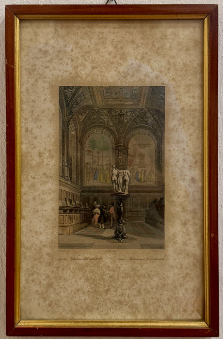 Incisione Libreria della Cattedrale Duomo Siena Audot edit. acquerellata Francia 1837