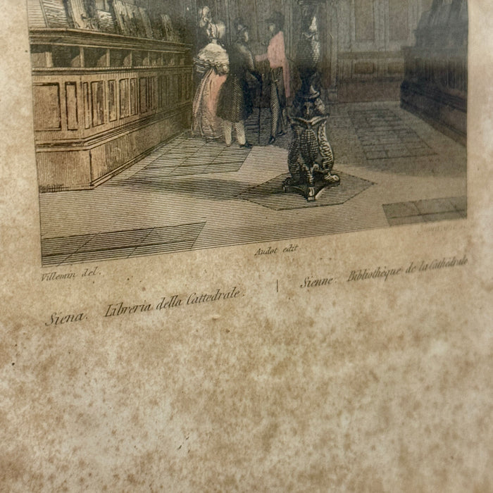 Incisione Libreria della Cattedrale Duomo Siena Audot edit. acquerellata Francia 1837