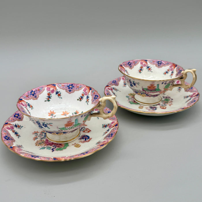 Coppia tazze porcellana con piattini Minton stile orientale Inglesi inizio XX sec.