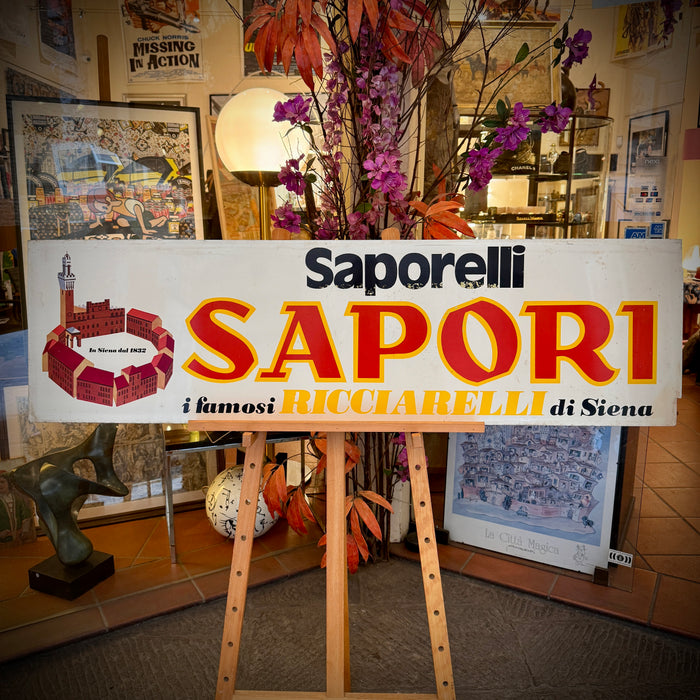 Insegna Sapori Siena dolci Saporelli serigrafia su alluminio 1960 ca