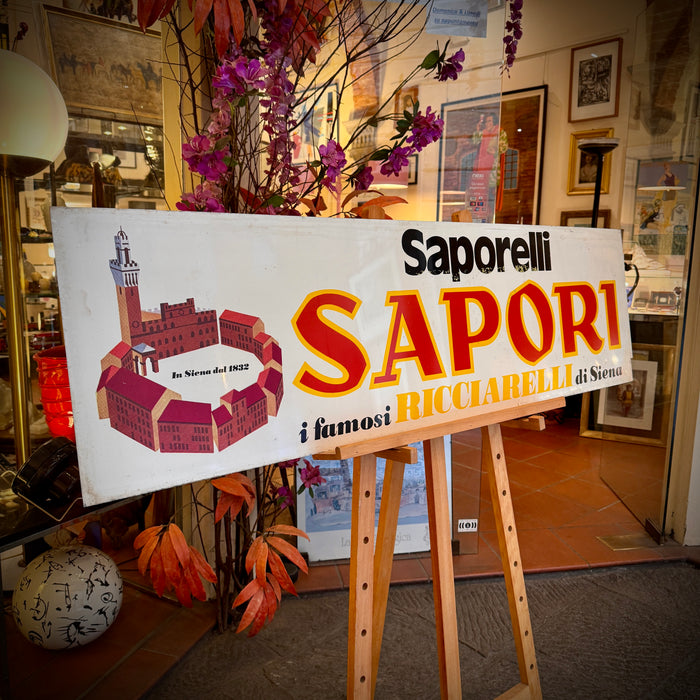 Insegna Sapori Siena dolci Saporelli serigrafia su alluminio 1960 ca