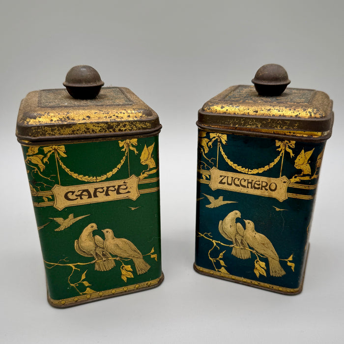 Caffè Zucchero coppia scatole latta litografata liberty 1900 ca