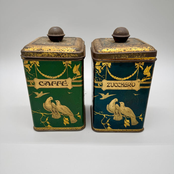 Caffè Zucchero coppia scatole latta litografata liberty 1900 ca