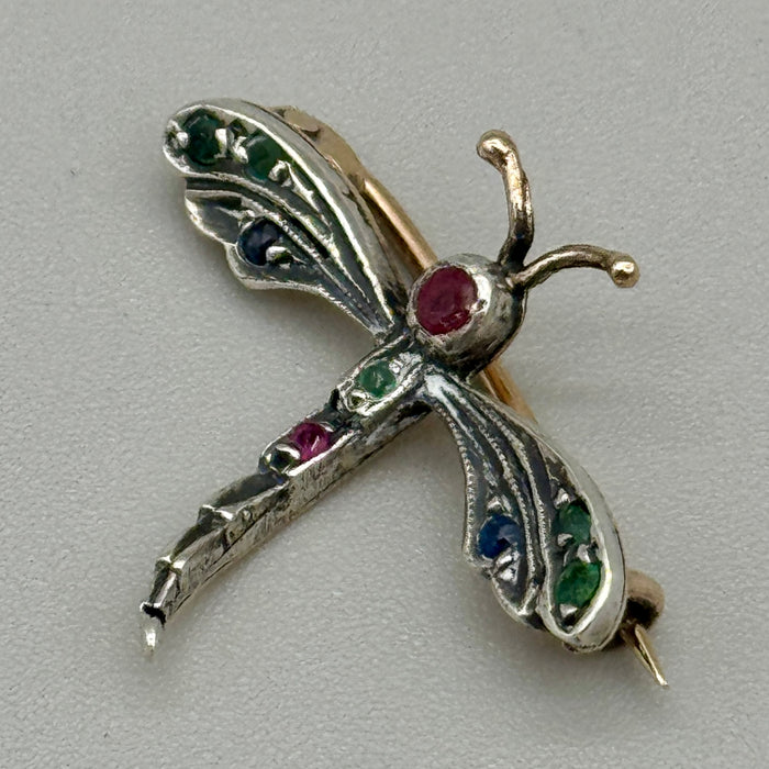 Libellula spilla gioiello oro argento e pietre Italia 1970 ca