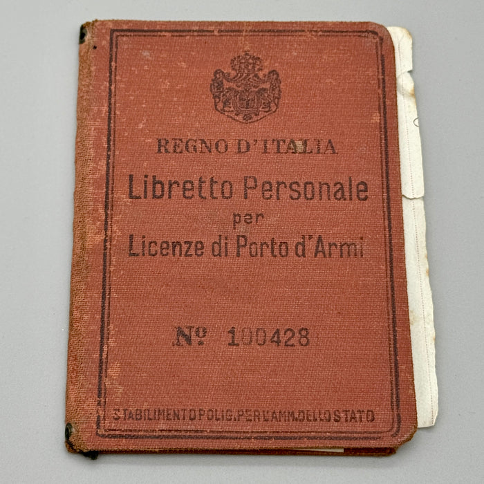 Libretto Personale per Licenze di Porto d'Armi Regno d'Italia 1927
