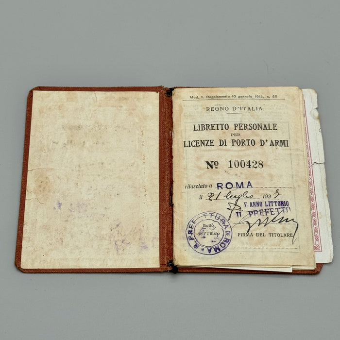 Libretto Personale per Licenze di Porto d'Armi Regno d'Italia 1927
