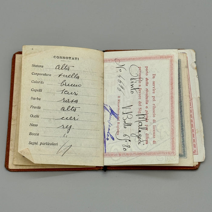 Libretto Personale per Licenze di Porto d'Armi Regno d'Italia 1927