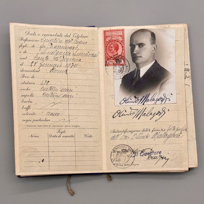 Passaporto diplomatico On. Olindo Malagodi per l'estero Regno d'Italia 1929