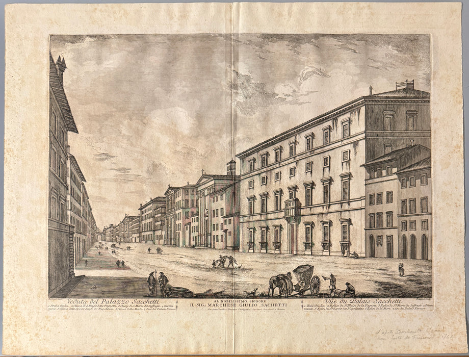 Jean Barbault - "Veduta del Palazzo Sacchetti in Roma" - incisione acquaforte su carta - 1762