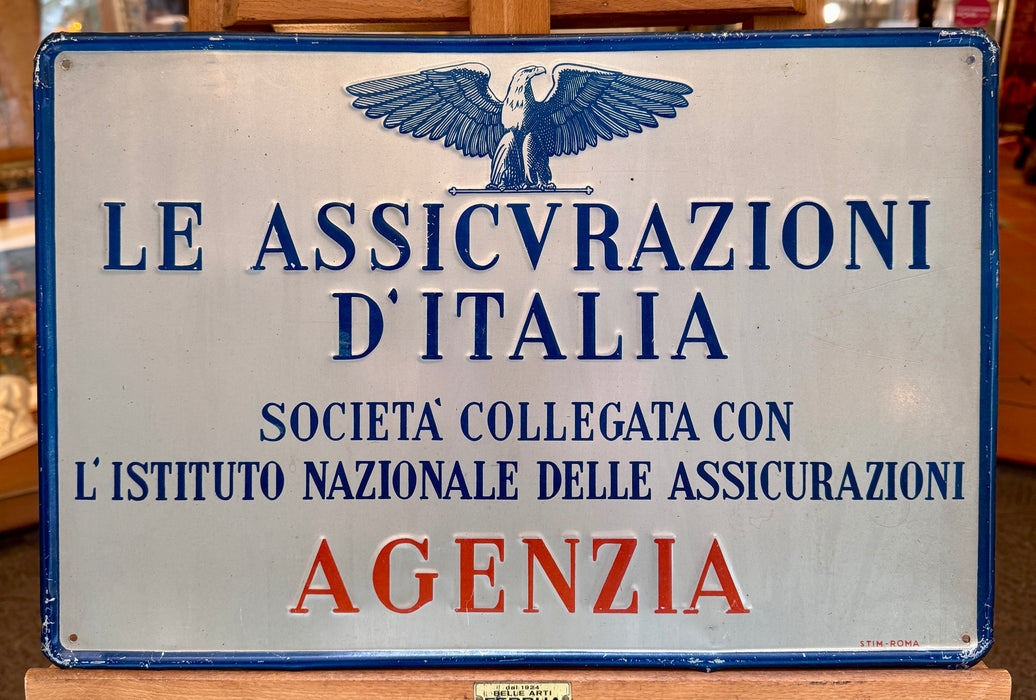 Insegna Le Assicurazioni d'Italia latta litografata Stim Roma ventennio 1930 ca