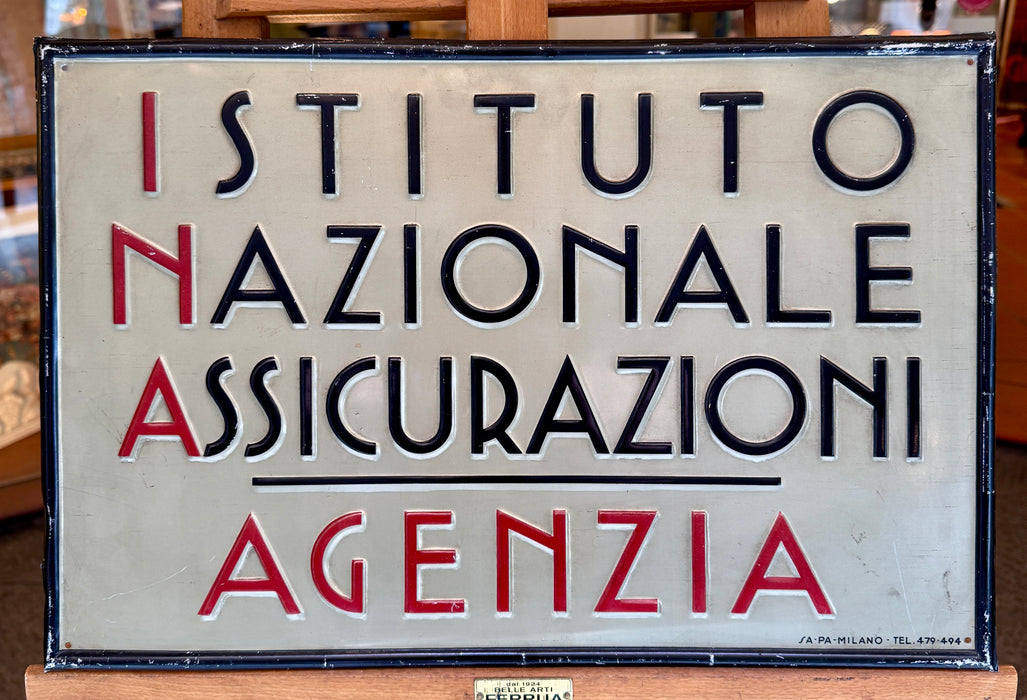 Insegna INA Istituto Nazionale Assicurazioni Agenzia latta litografata Sa-Pa Milano ventennio 1930 ca