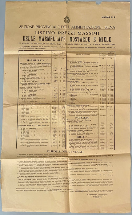 Manifesto Listino Prezzi Marmellate Mostarde Miele Siena razionamento WW2 1943