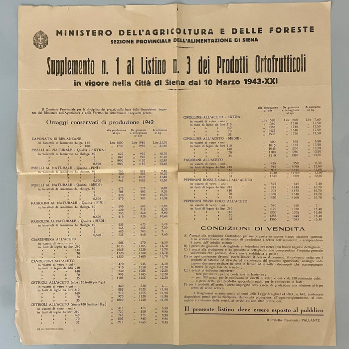 Manifesto Listino Prezzi prodotti ortofrutticoli Siena razionamento WW2 1943