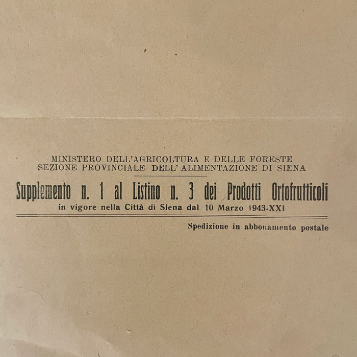 Manifesto Listino Prezzi prodotti ortofrutticoli Siena razionamento WW2 1943
