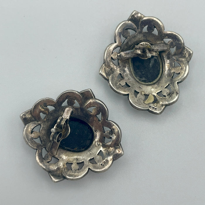 Orecchini floreali argento e onice Italia 1950 ca