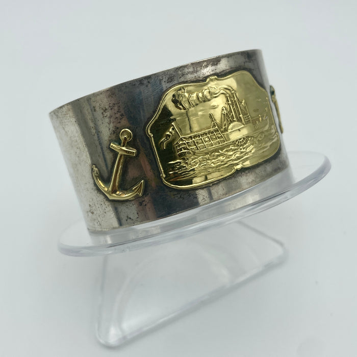 Bracciale rigido tema navale oro 18kt su montatura argento 800 Italia 1970 ca