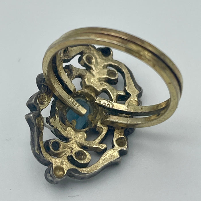 Anello pietra blu floreale argento 800 Italia 1950 ca