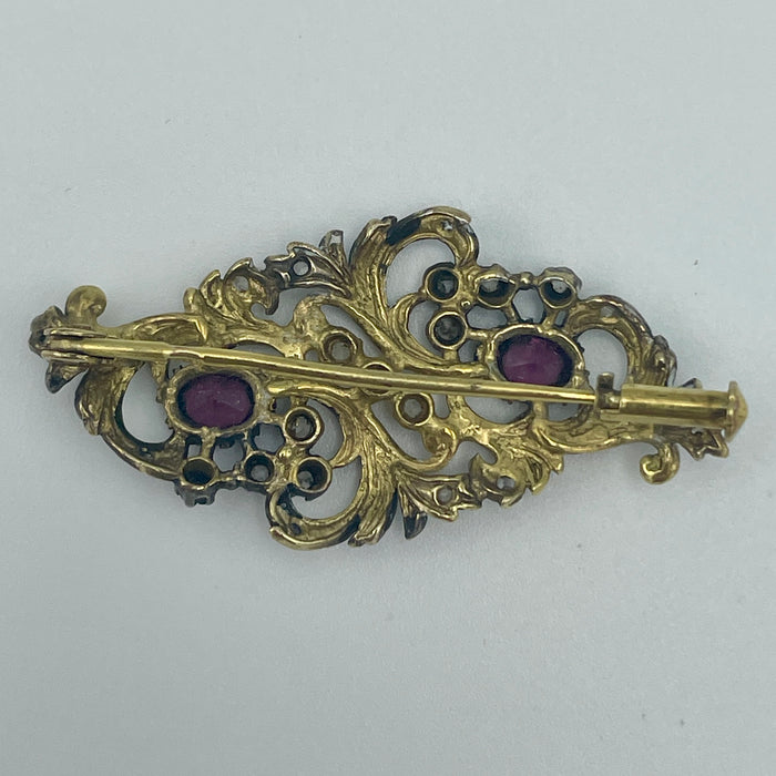 Spilla argento 925 dorato e brunito con pietre Italia 1950 ca