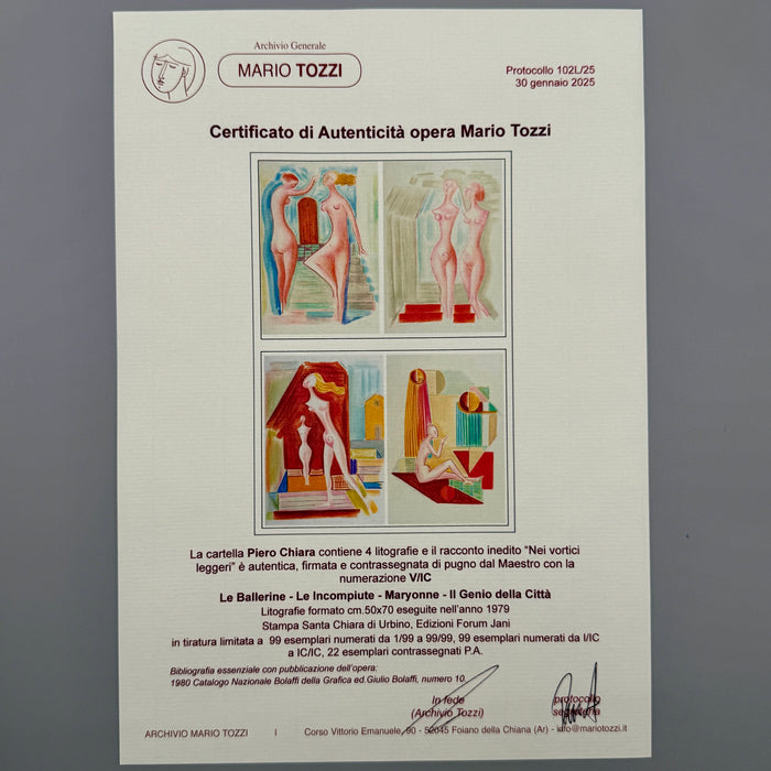 Mario Tozzi – “Il Genio della Città - Le Incompiute - Le Ballerine - Mayvonne” – cartella con 4 litografie – 1979