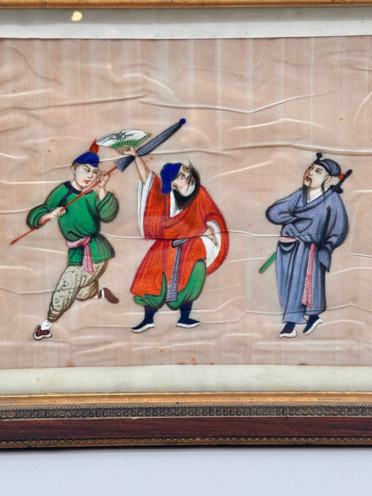 Dipinto cinese su carta di riso tre figure in cornice Cina inizio XX sec.