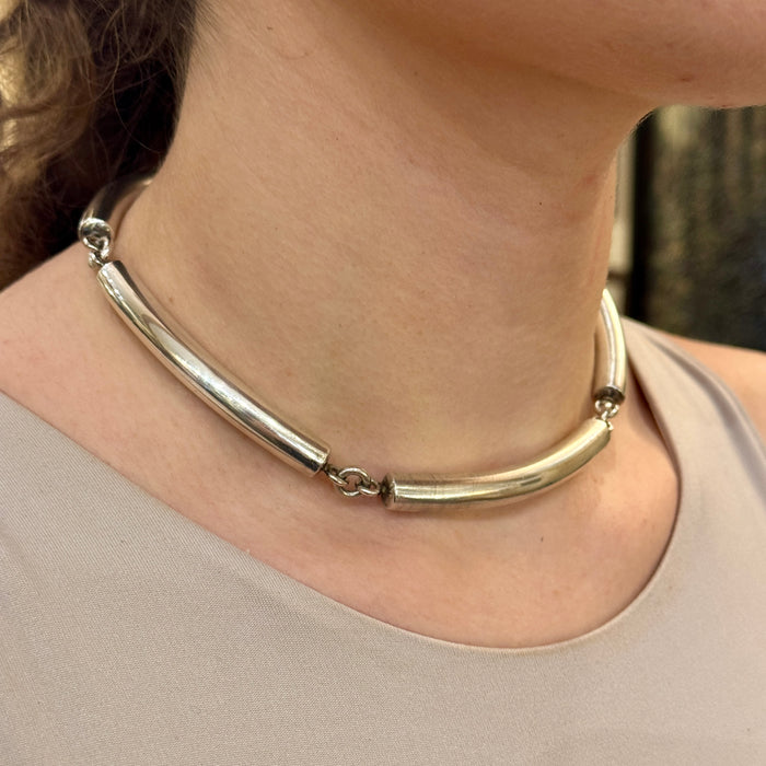 Collana modernista tubi cilindrici in argento 925 Italia 1980 ca