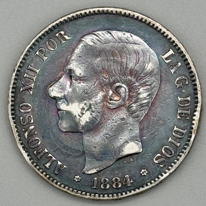 5 Pesetas moneta argento Alfonso XII Spagna 1884