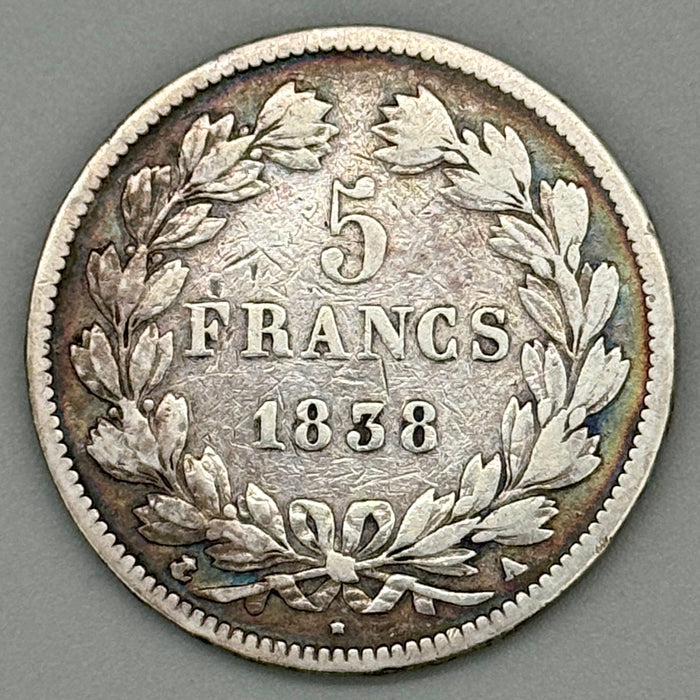 5 Francs moneta argento Louis Philippe I Francia 1838