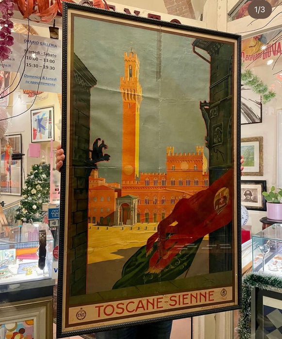 Manifesto Enit FS Siena turistico francese ill. Mario Borgoni stampa Richter Napoli 1939