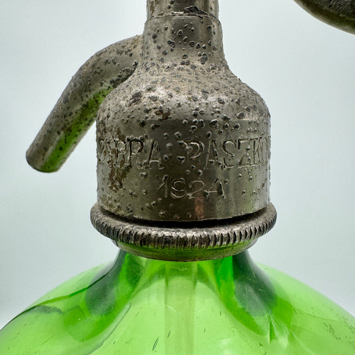 Seltz sifone Società Paszkowski Firenze vetro verde Italia 1924