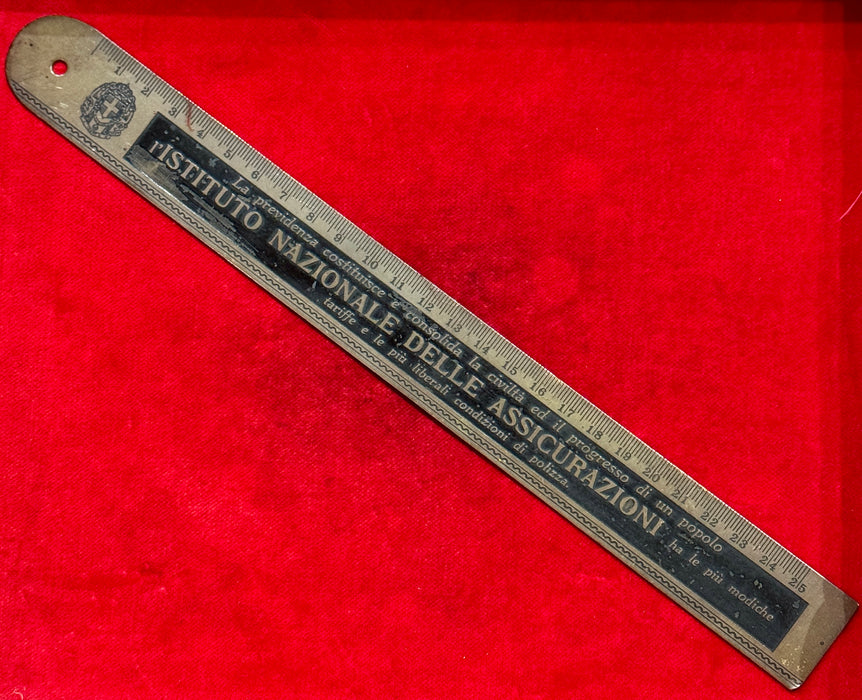 Regio Istituto Nazionale Assicurazioni righello pubblicitario ferro ventennio 1930 ca