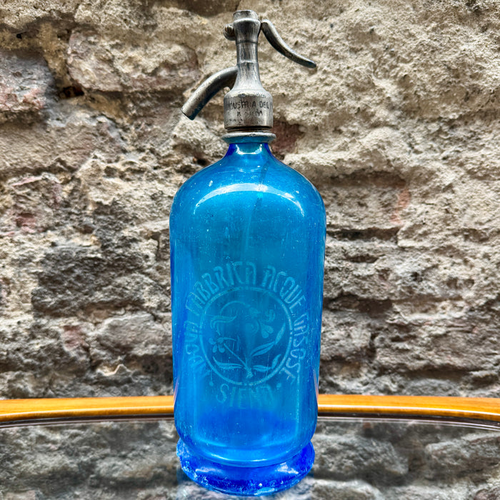 Nuova Fabbrica Acque Gasose Siena seltz sifone XL vetro blu 1900 ca