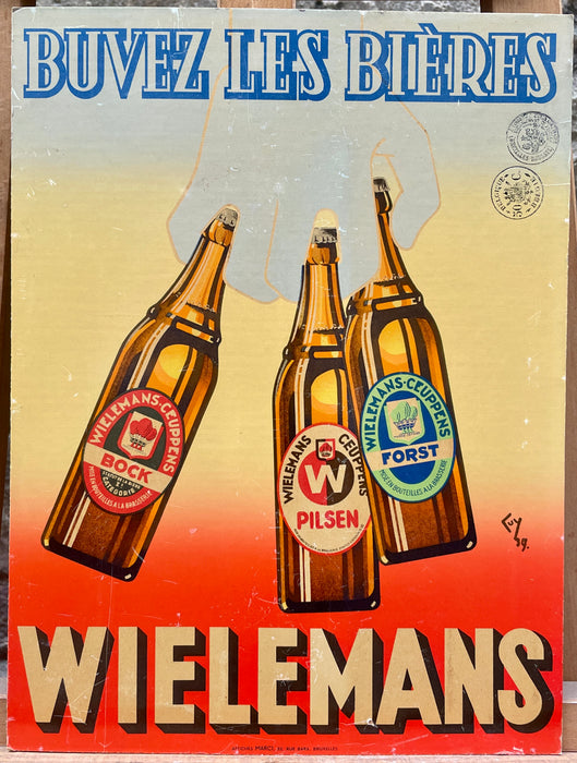 Insegna Wielemans Biere birra cartonata Affiche Marci Bruxelles Belgio 1939