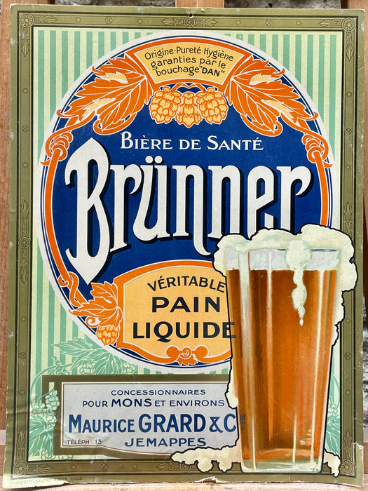 Insegna Brünner Biere de Santé Jemappes birra cartonata Savoye Godin Lille 1940